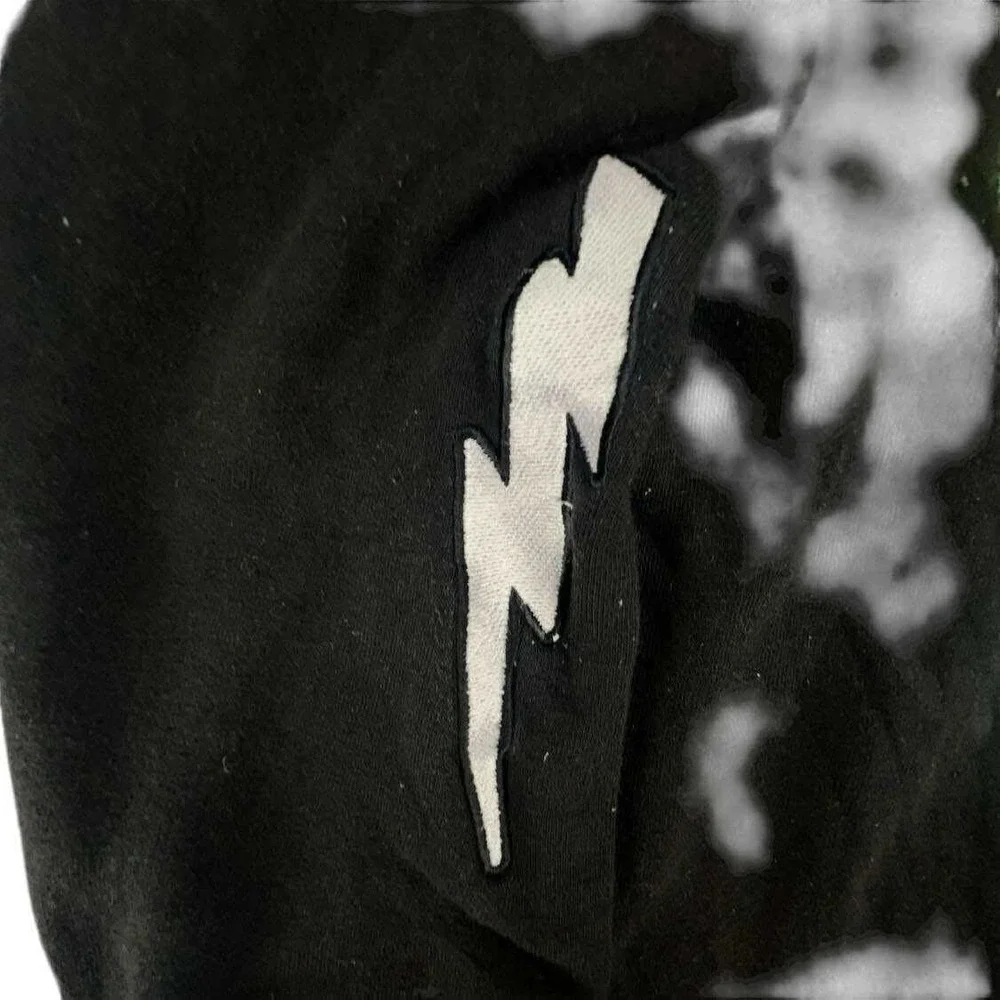 Y2K Be Cautious of Friends Hoodie Pullover Black Graphic Print Lightning Bolt XS
